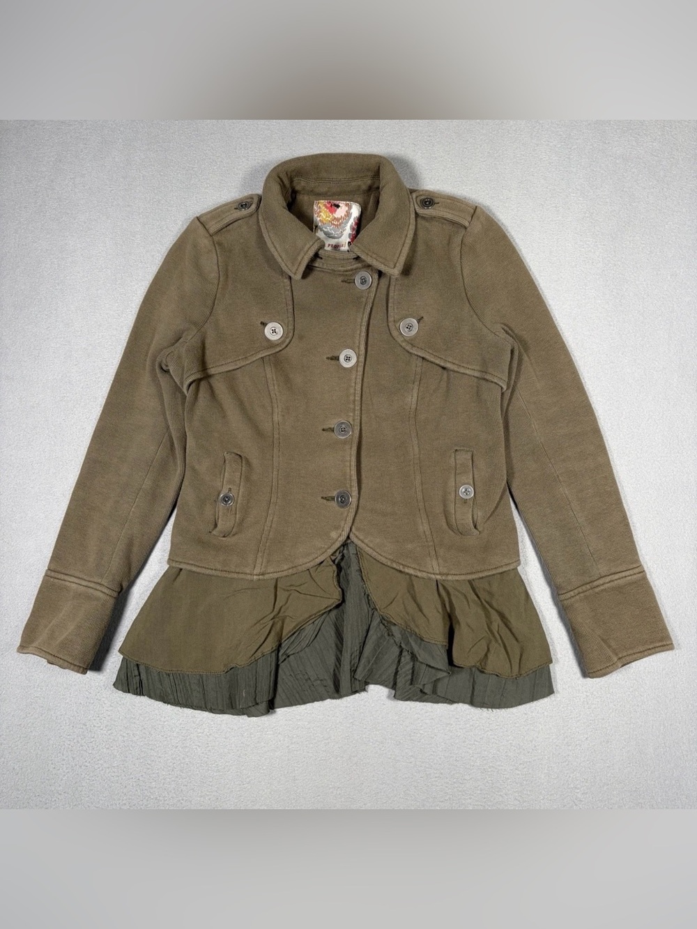 Free People Double Ruffle Military Band Jacket Women 6 brown Green Festival Boho